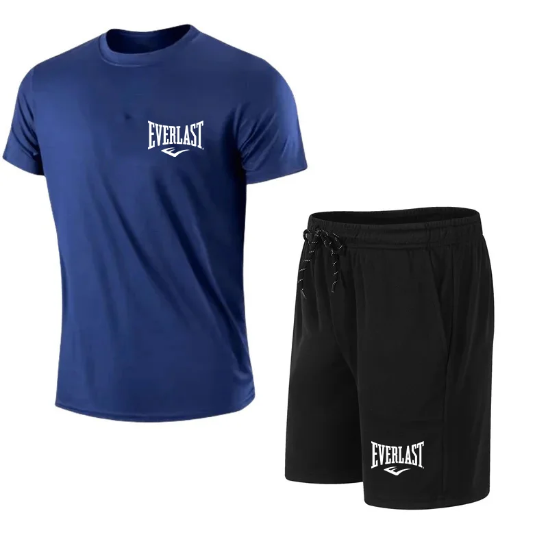 2024 New Fashion EVERLAST Men\'s T-shirt + Shorts 2pcs Set Leisure Breath Short Sleeve Sport Jogging Gym Brand Print Clothing