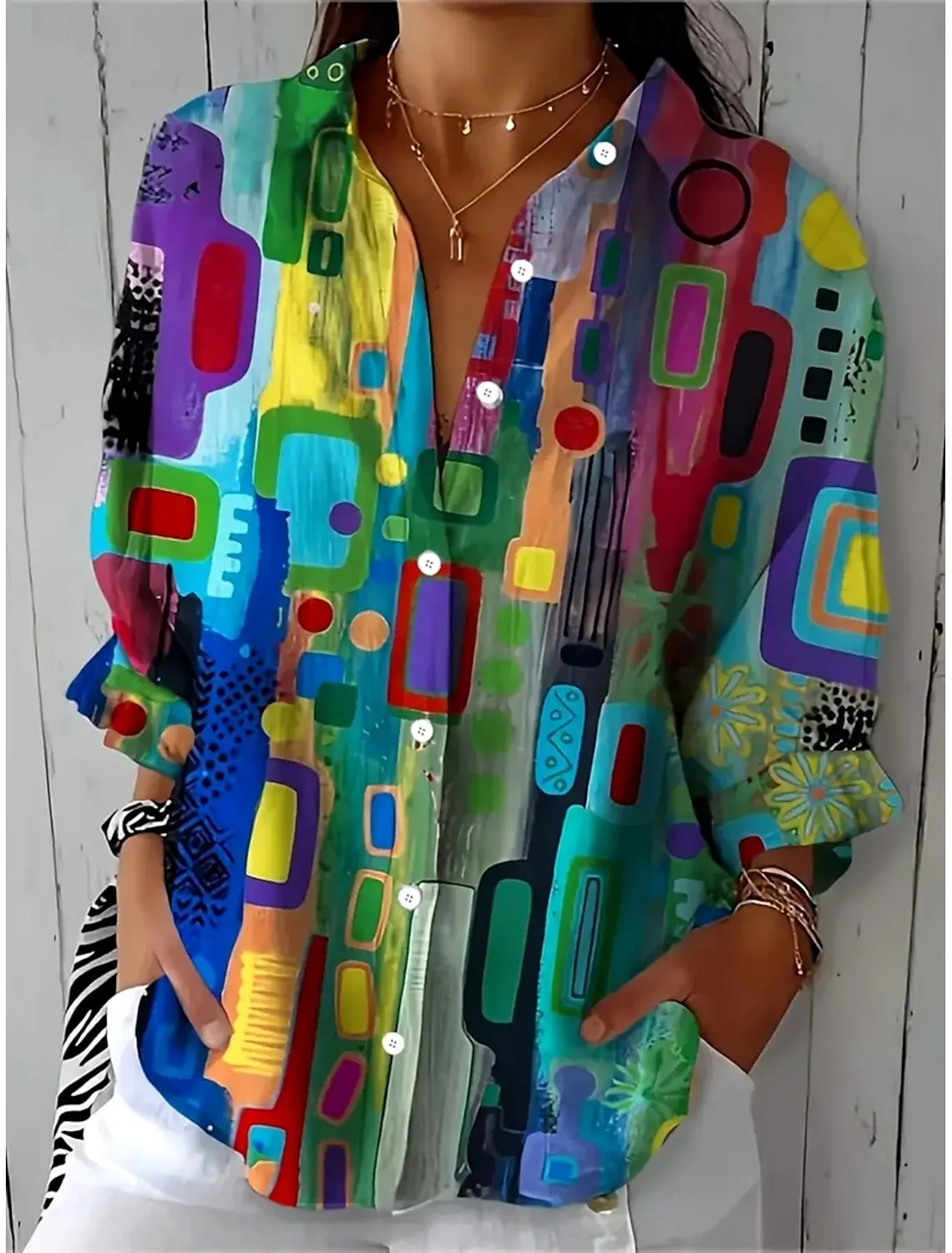 

Женские рубашки с графическим рисунком и геометрическим рисунком, стильная повседневная рубашка с длинными рукавами и воротником, обычные топы, повседневная женская одежда на пуговицах на выход