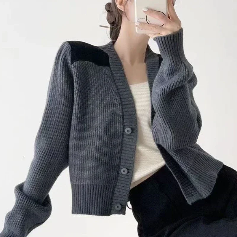 

Women's Sweater Crop Knit Tops for Woman V-neck Grey Cardigan Short Cashmere Korean Luxury Y2k Vintage Tall Fashion Korea 2024