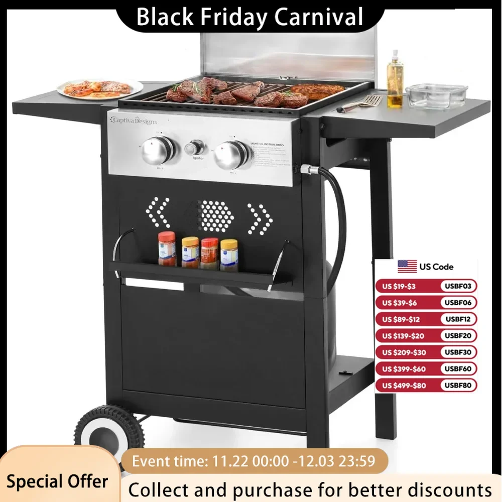 2-Burner Gas BBQ Grill With Flat Top, Small Outdoor Propane Barbecue Grill with Side Shelves,Lid and Hose