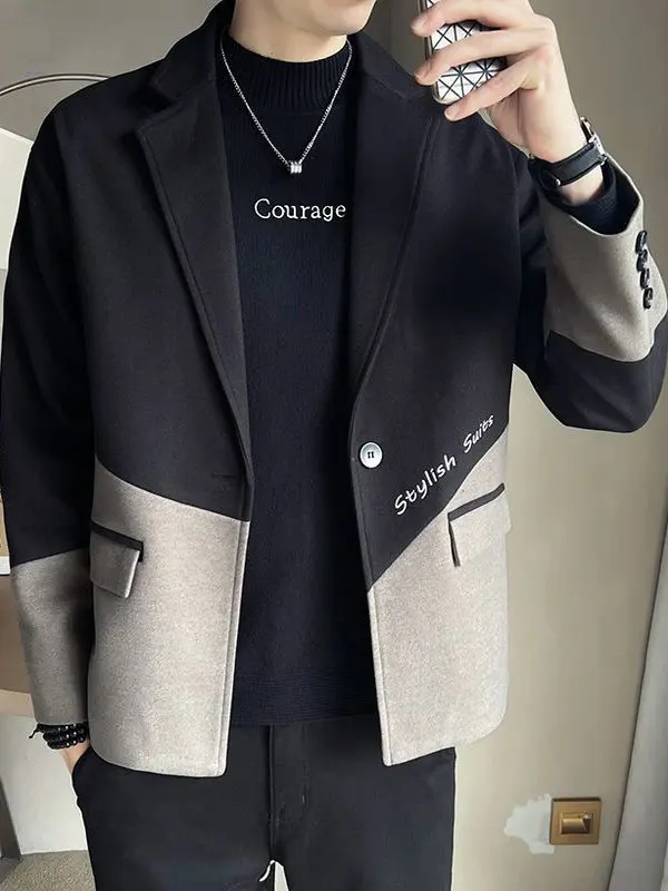 

Корейский пиджак в стиле пэчворк для мужчин, весенне-осенний, новый, модный, повседневный, приталенный, премиум-класса