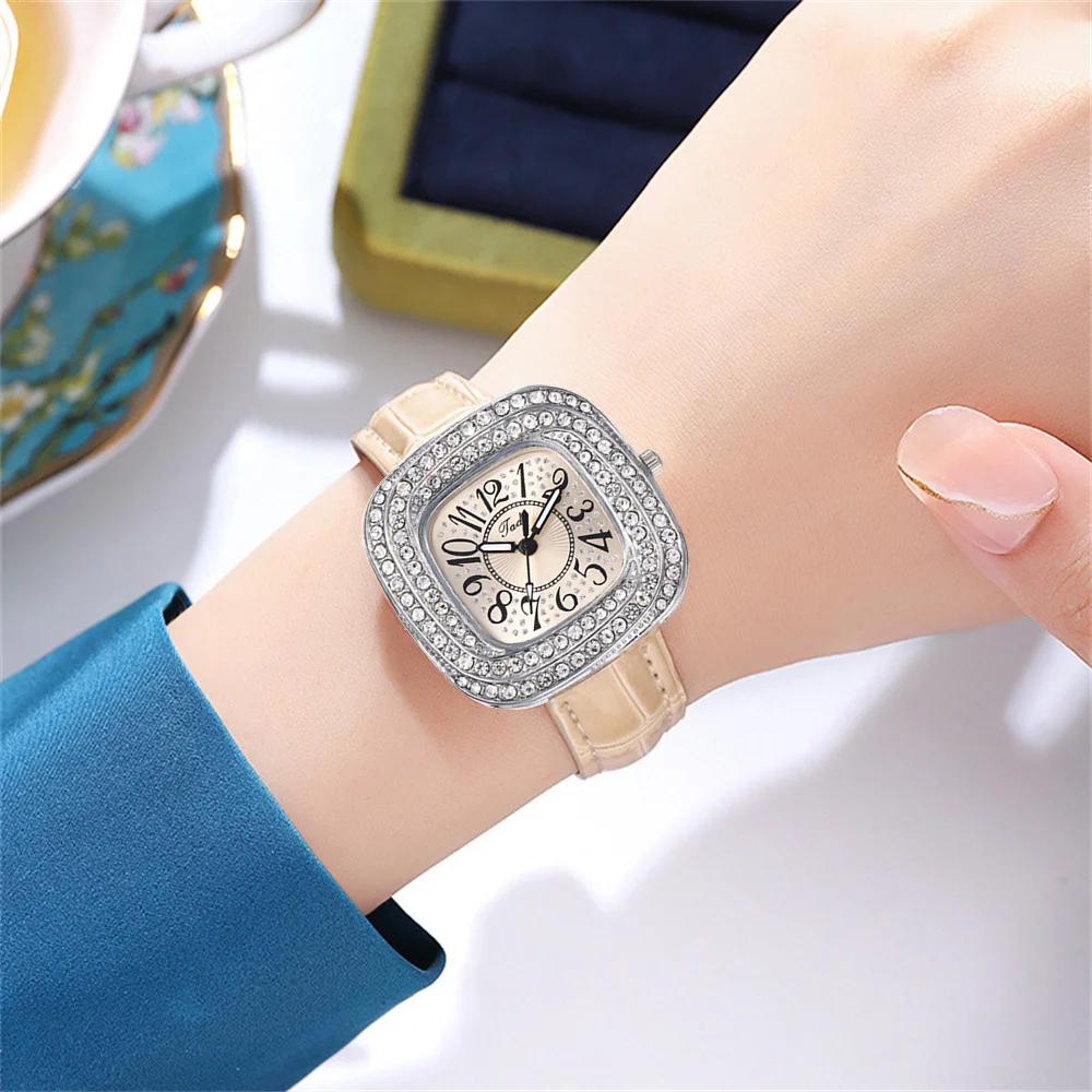 Luxury 2024 Full Star Diamonds Ladies Silver Case Digital Quartz Watch Fashion Beige Leather Women\'s Dress Clock Wristwatch