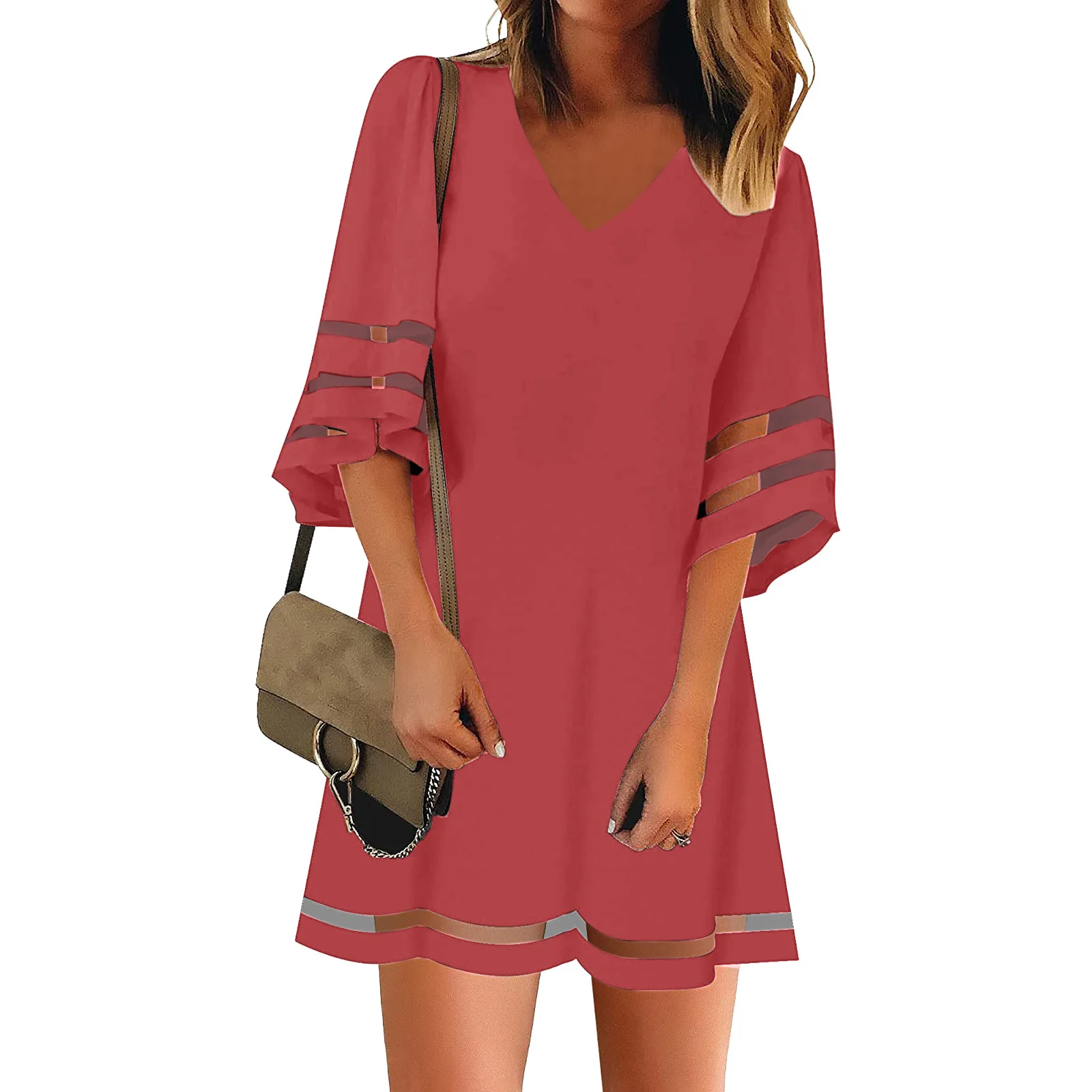 Women's Summer Mini Dress V-neck Three Quarter Sleeve Casual Loose Beach Dresses For Women Tunic Mesh  A Line Dress Vestido