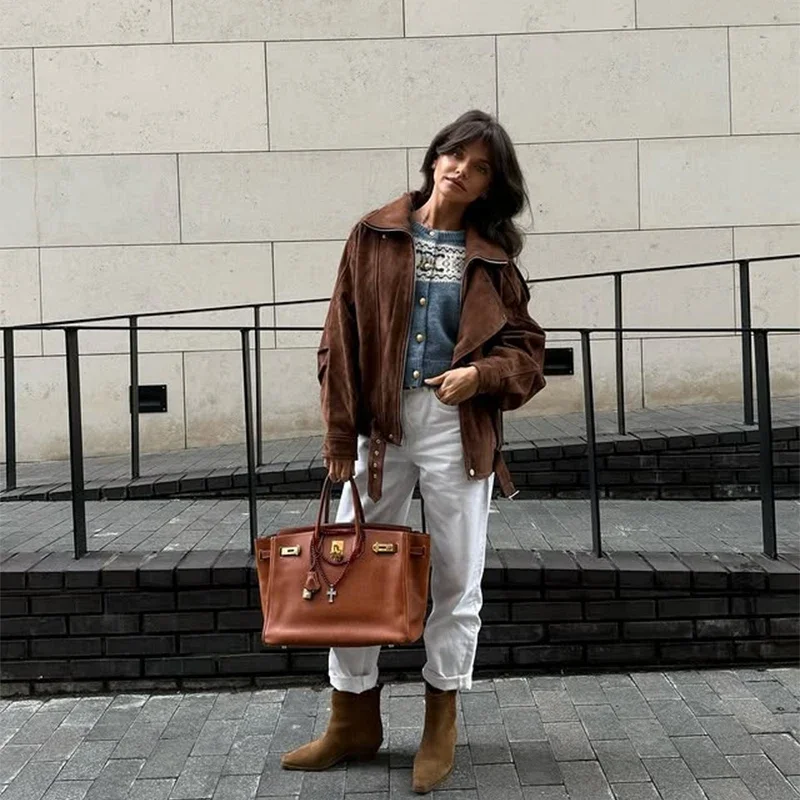 

Spring Lady Commute Street Outwear Chic Women's Belt Brown Suede Jacket Vintage Lapel Zipper Full Sleeve Female Short Coat