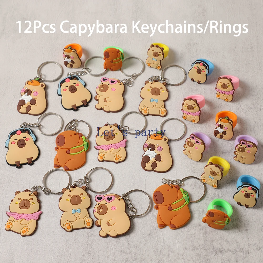 12Pcs Cartoon Animal Capybara Silicone Keychains Rings for Kids Birthday Party Favors School Rewards Pinata Fillers Goodie Bag