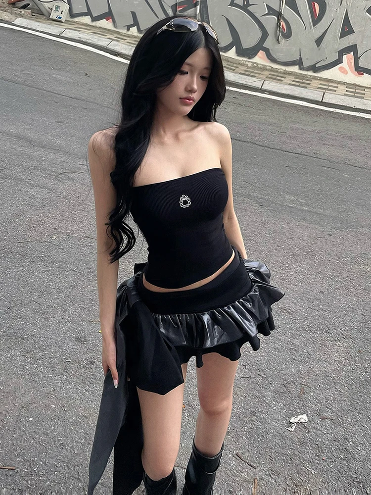 Weird Puss Big Bow Tassel Skirts Women Patchwork Leather Sexy Midnight Hottie Summer Trend Street Party Hipster Tierred Bottom