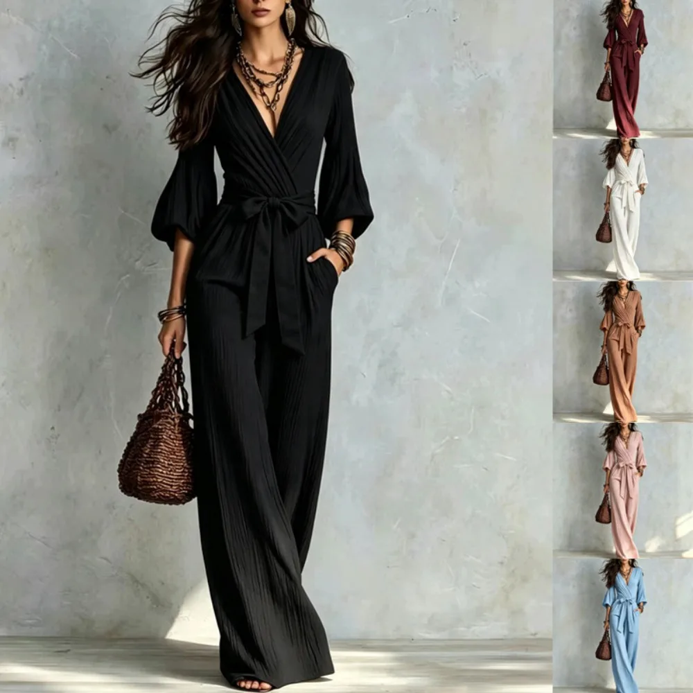 2026 Autumn French Deep V Puff Sleeve Wide Leg Jumpsuit Women Adjustable Waist Belted Slimming High Waist Long Romper