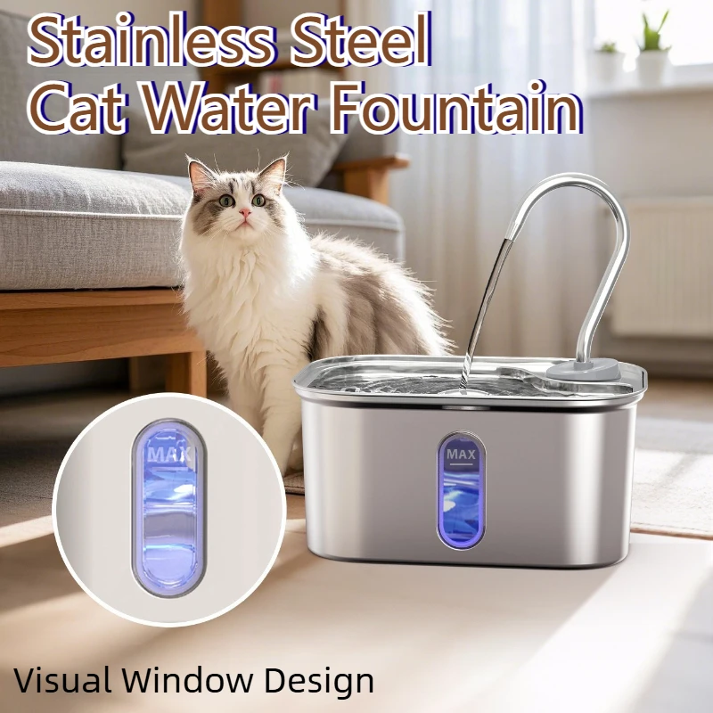

2.6L Stainless Steel Cat Water Fountain Automatic Pet Water Dispenser Multi-layer Filter Drinking Fountain with Visual Window