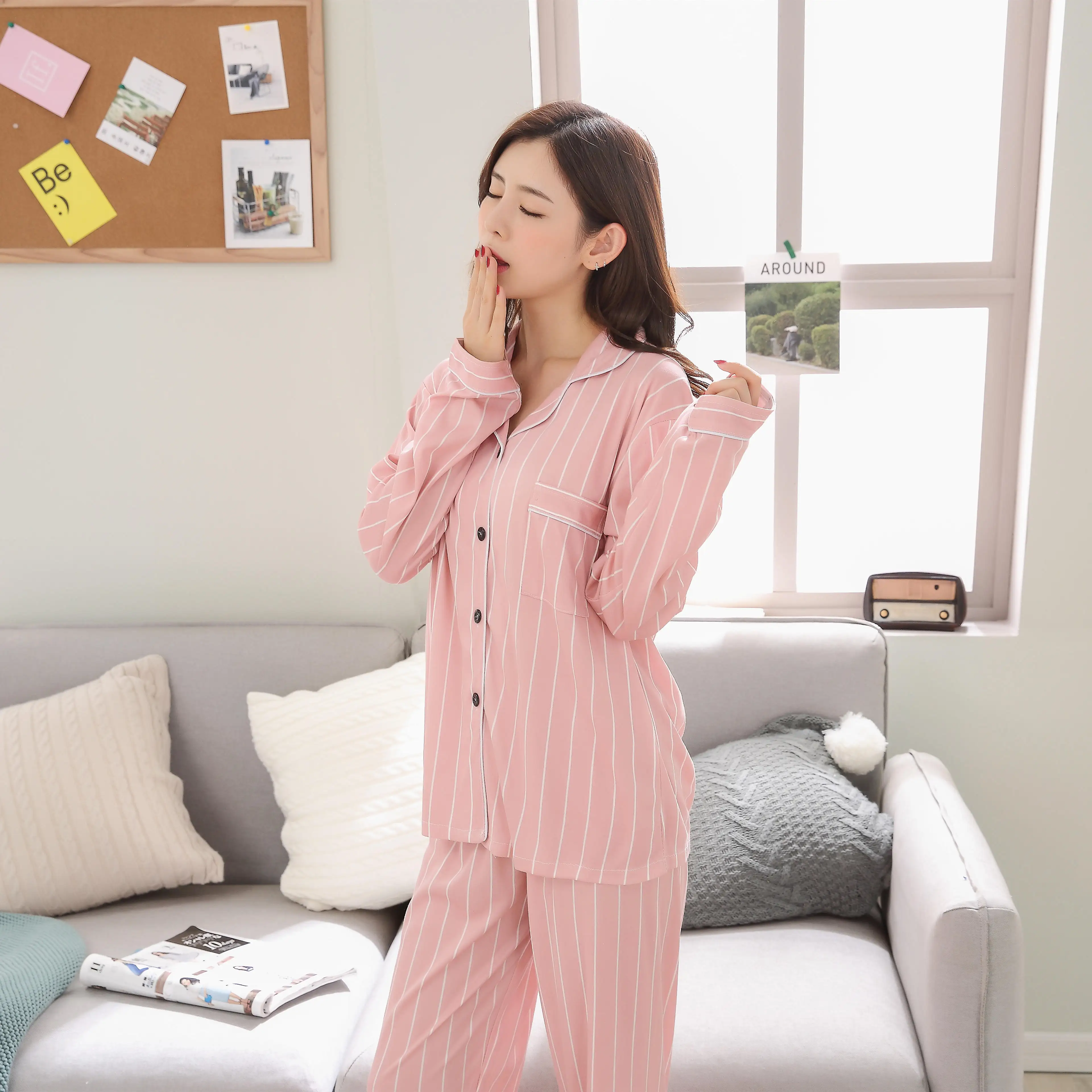 Women Nightwear Sets WAVMIT Women Pajama Set Solid Color Stripes Pyjama Set Long Sleeve Sleepwear Women Top Long Pant
