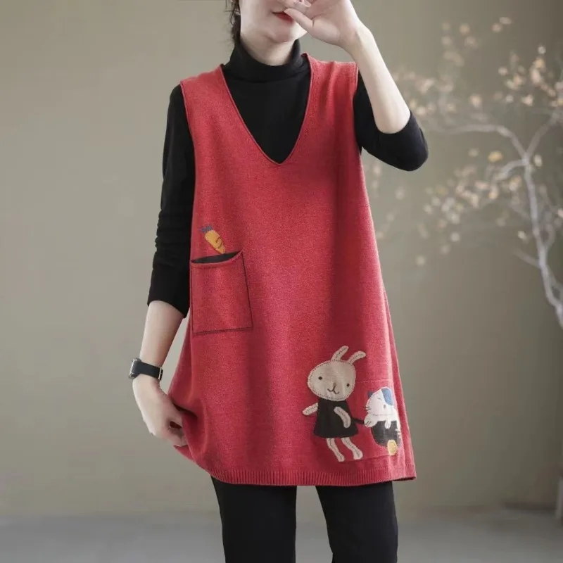 Autumn and Winter Women\'s Pullover V-neck Patchwork Pockets Animal Sweater Midi Fashion Casual Elegant Sleeveless Vest Tops