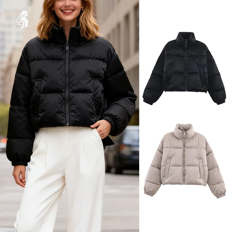 

Womens Stand Collar Quilted Short Cotton Jacket Loose Lantern Sleeves With Gathered Cuffs Casual Commuter Coat Woman Clothes