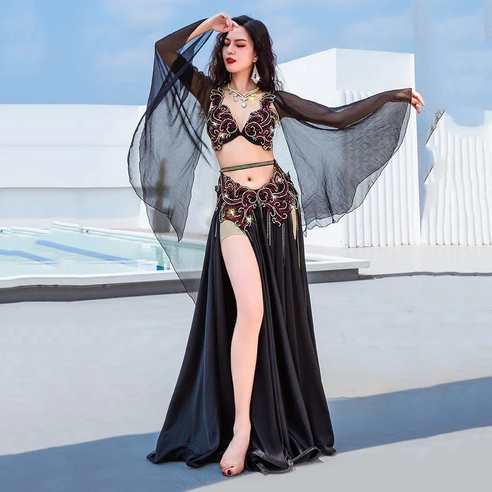 

Popsong Women Belly Dance Costume Set Egyptian Oriental Dance Outfit Group Competition Outfit Butterfly Sleeves Long Maxi Skirts