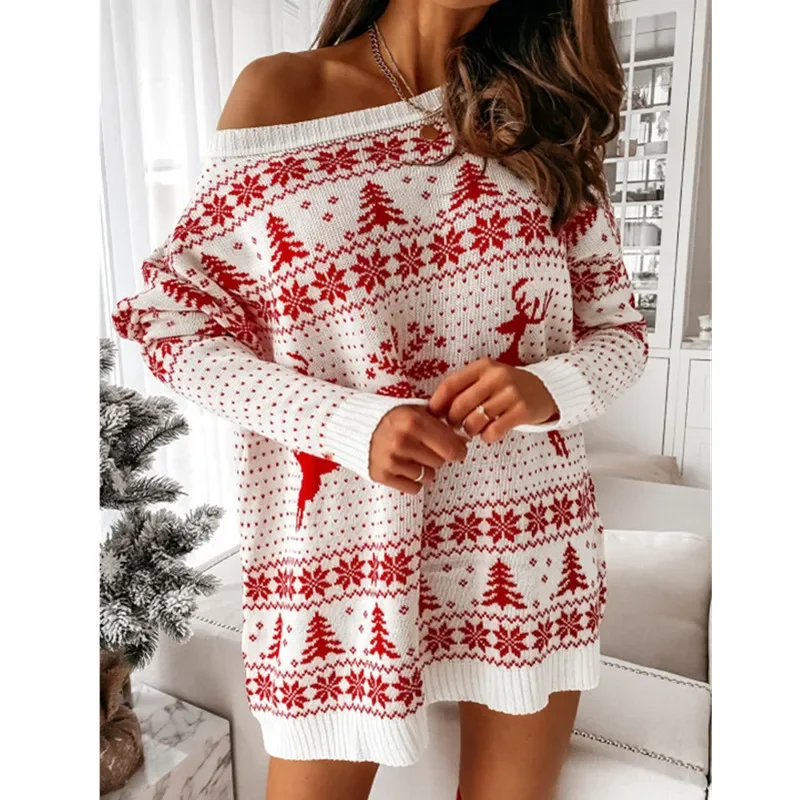 Women Snow Deer Pattern Santa Claus Dress Warm Loose Fit Christmas Knitted Top Long Sleeve Slash Neck Casual Winter Robe