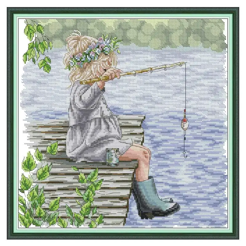 Little Girl Fishing Patterns Counted Cross Stitch Set 11CT 14CT 16CT Stamped Cross-stitch Kit Embroidery Needlework Home Decor