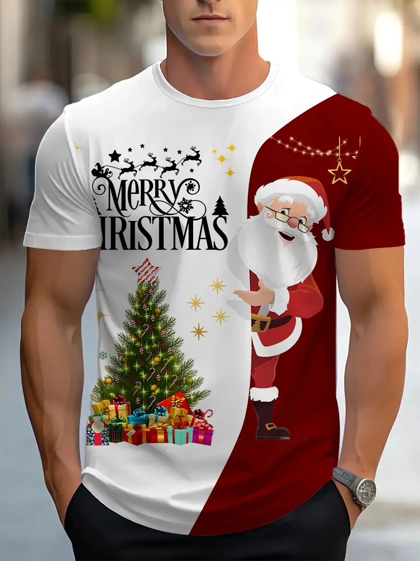 Funny Santa Claus Print Men's T-Shirts Christmas Tree Pattern Tees Casual O-neck Short Sleeve Tops New Year Gift X'mas Clothing