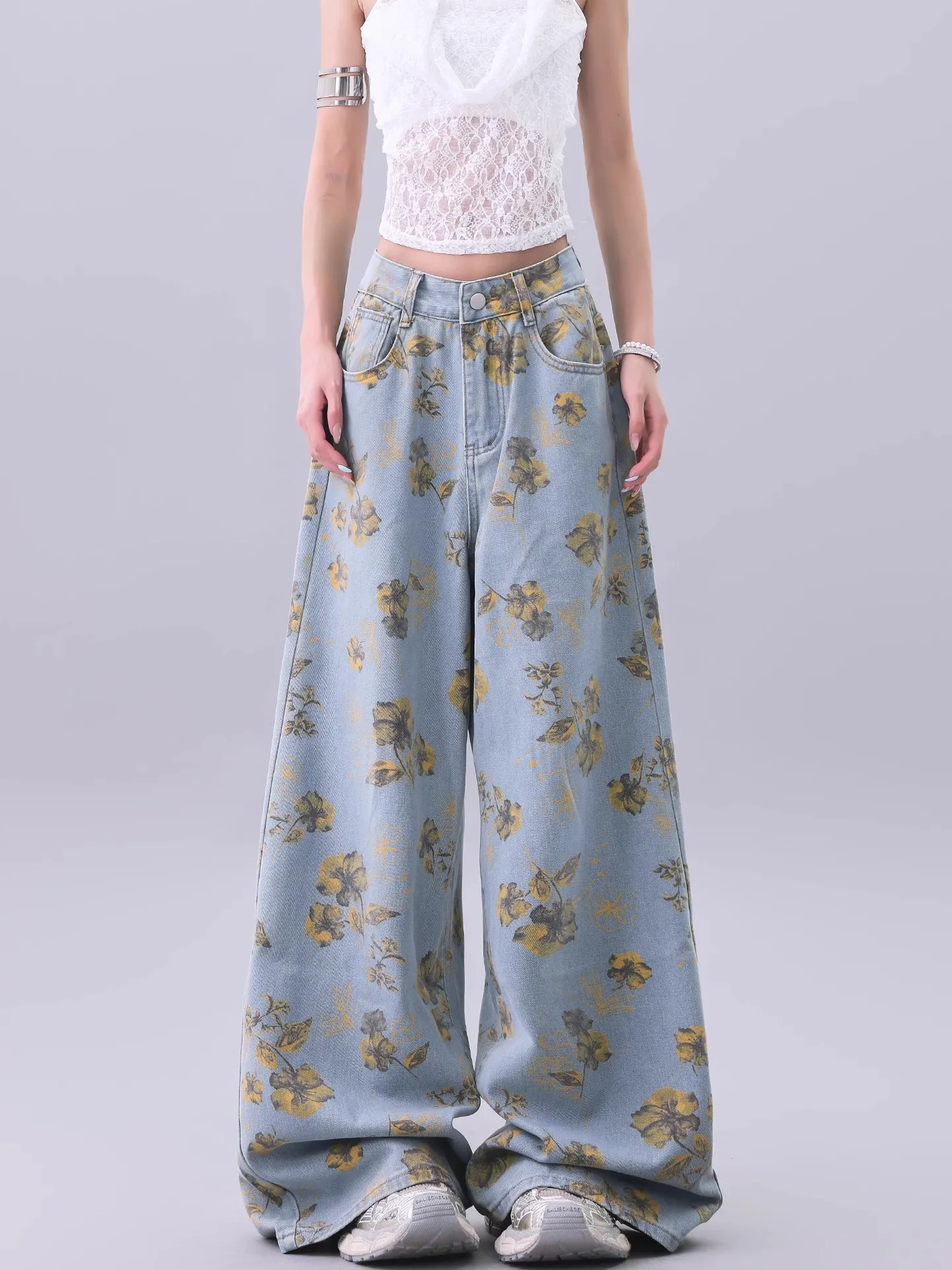 Vintage Floral Print Hohe Taille High Street Blau Gerade Jeans Hosen Koreanische Mode frauen Breite Bein Baggy Denim Hosen y2K