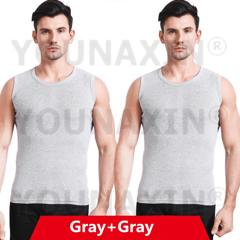 2 Pcs Men Cotton Black Vest Broad Shoulders White Underwear T- Shirts Gray Sleeveless Singlets Bottom Undershirt M L XL 2XL 3XL