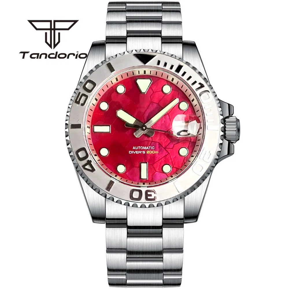 Tandorio NH35A Fashion Red Mother of Pearl Dial Luminous 40mm 20Bar Men\'s Automatic Dive Watch 120-Click Bezel Sapphire Crystal