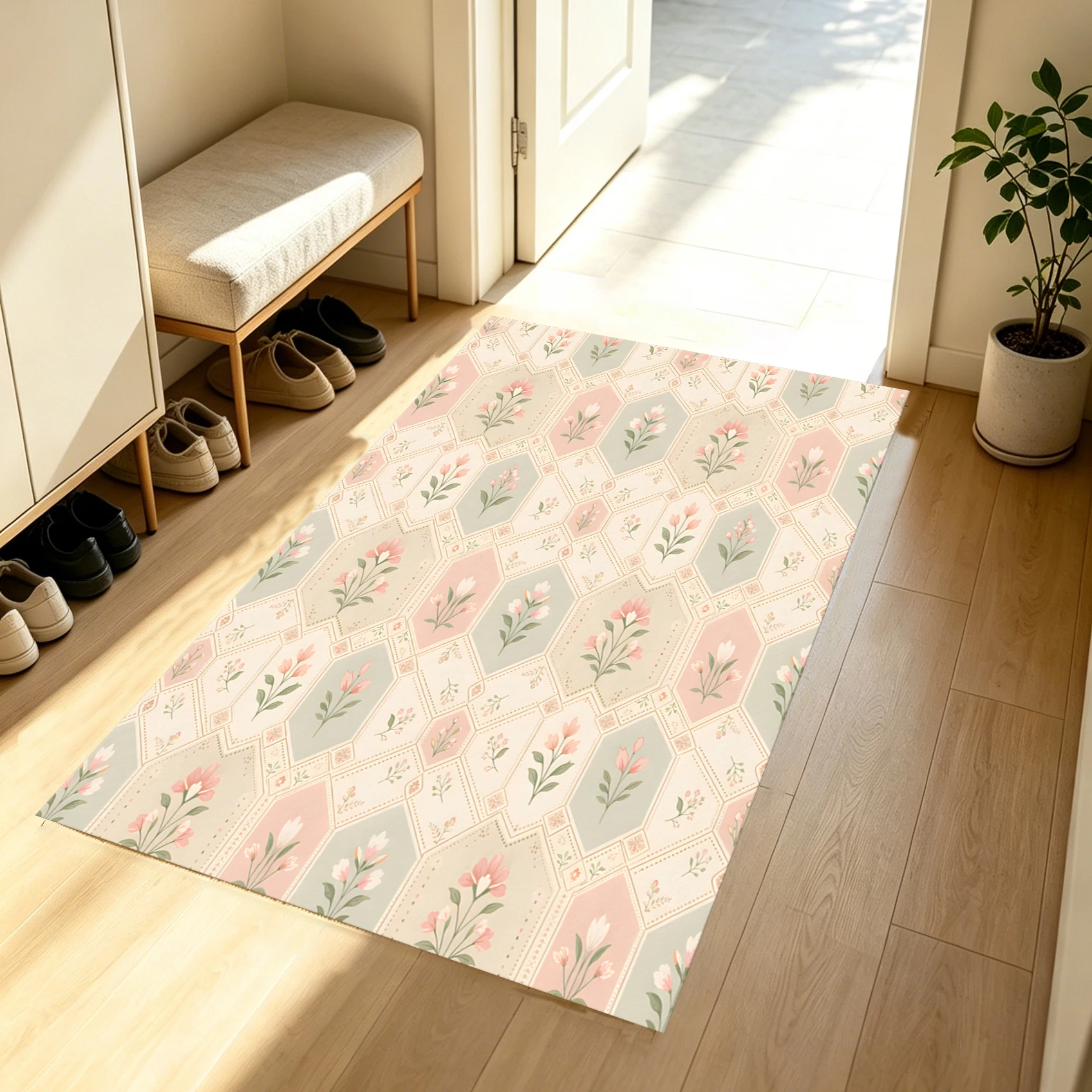 2D Diamond-Patterned Pink Floral Carpet, French Retro Style, Suitable for Living Room and Bedroom, One-Click Refresh for Autumn and Winter Decoration