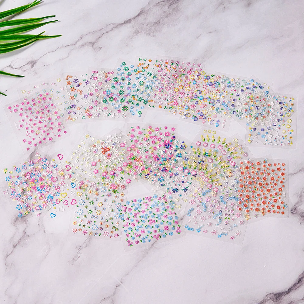 30 Sheet 3D Flower Nail Stickers Decals 6.5*5cm Transparent White Floral Leaf Butterflies Heart Nail Art Adhesive Strip Supplies