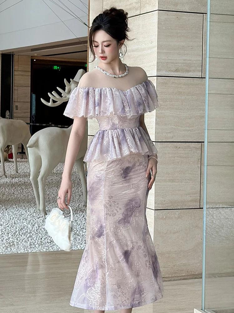 Celebrity Elegant Party Dress Women Sheer Mesh Splice Pearl Neckline Ruffle Peplum Fishtail Robe Formal Dinners Wedding Vestidos