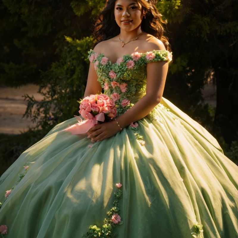 

Green Shiny Ball Gown Quinceanera Dresses Applique Flower Beading Crystal Bow Tull Corset Off The Shoulder Sweet 16 Dress vestid