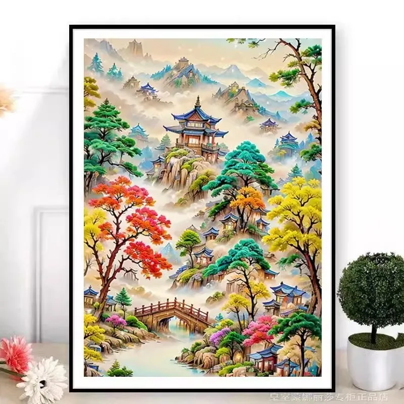 9ct 75x105cm Pavilion Landscape Embroidery DIY Chinese Style Printed Kits Cross Stitch Needlework Set Home Decor Crafts