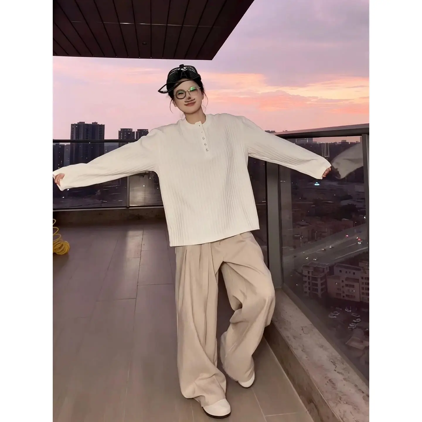 White Striped Long Sleeve Henry Collar T-Shirt Early Autumn Men's Lazy Loose Style Casual Outerwear Shoulder Appropriate