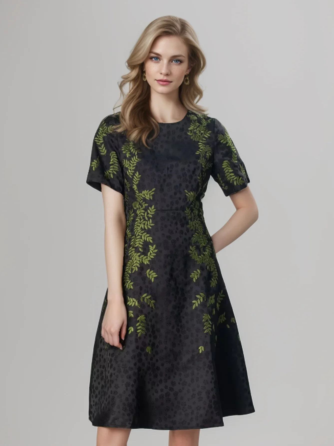 SEQINYY Black Knee Dress Summer Spring New Fashion Design Women Runway High Street Embroidery Green Leaf Jacquard Short Sleeve