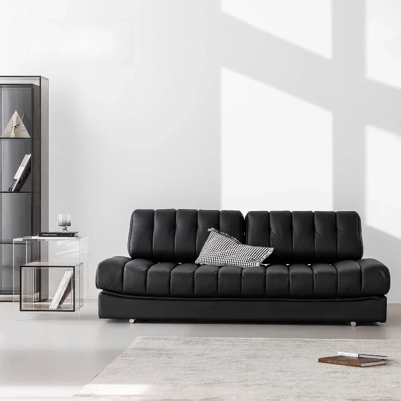 

Black leather small apartment, lazy wind, stainless steel piano keys, three-person folding sofa bed