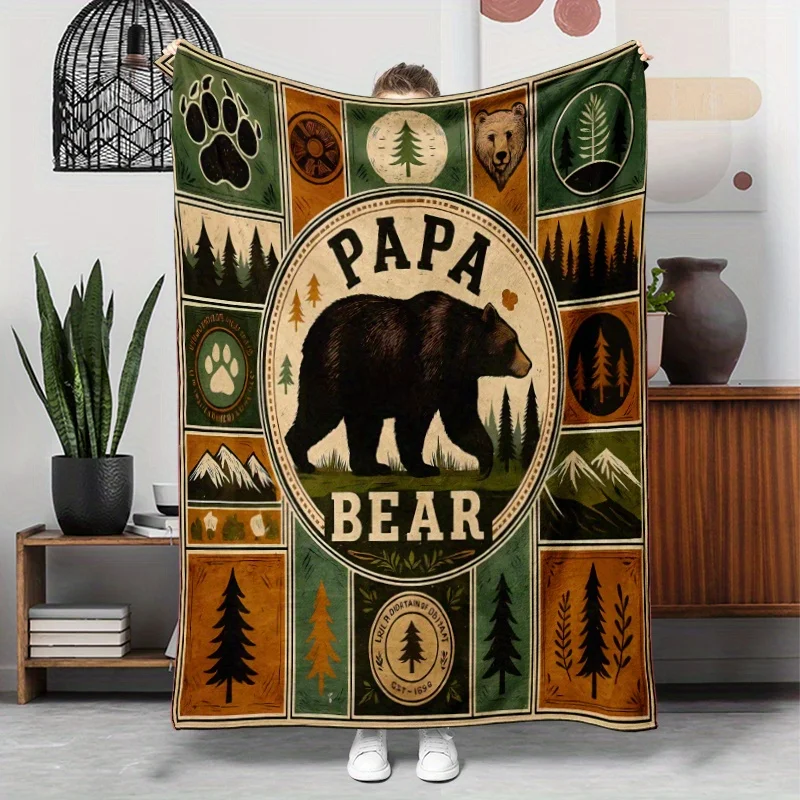 Wilderness Papa Bear Flannel Blanket Soft Comfortable Throw Blanket Retro Forest Mountain Bear Patchwork Print Blanket