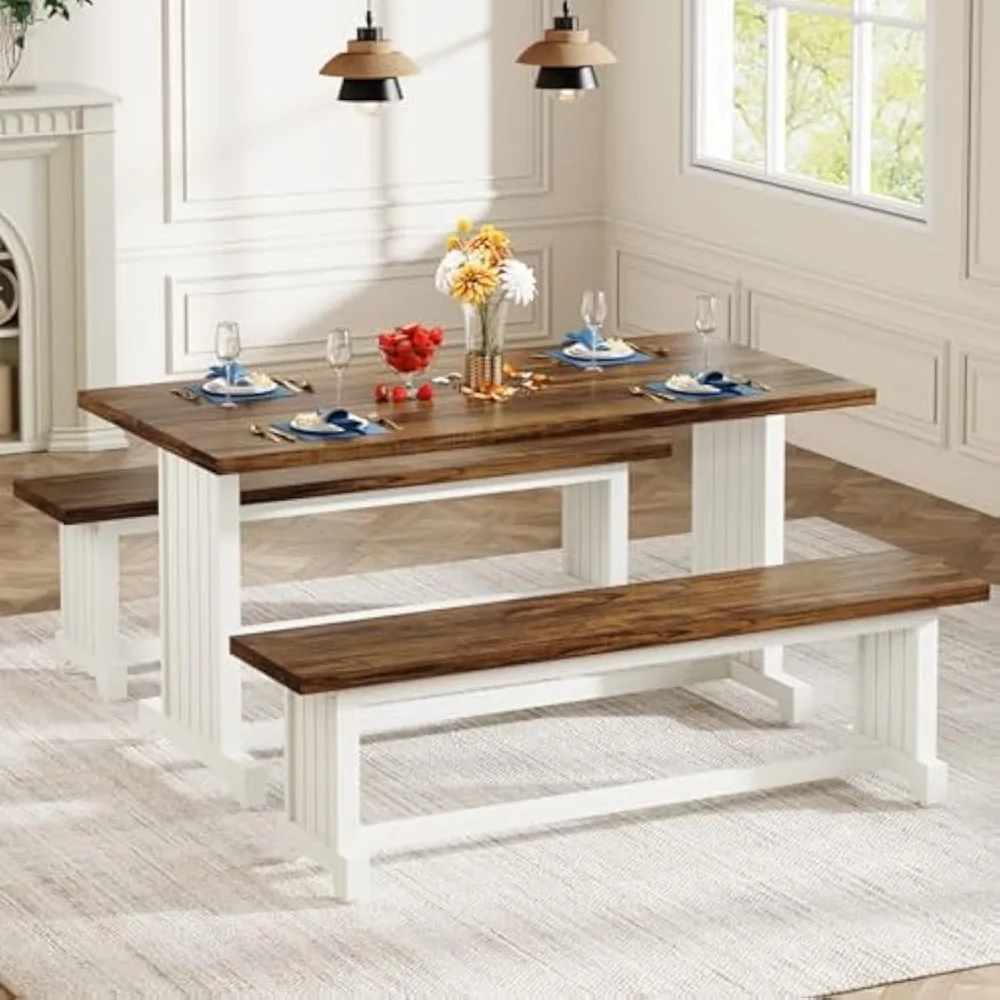 

47" Dining Table Set for 4, 3-Piece Kitchen Room Table with 2 Benches, Farmhouse Wood Dinner Furniture for Small Space, Home Li