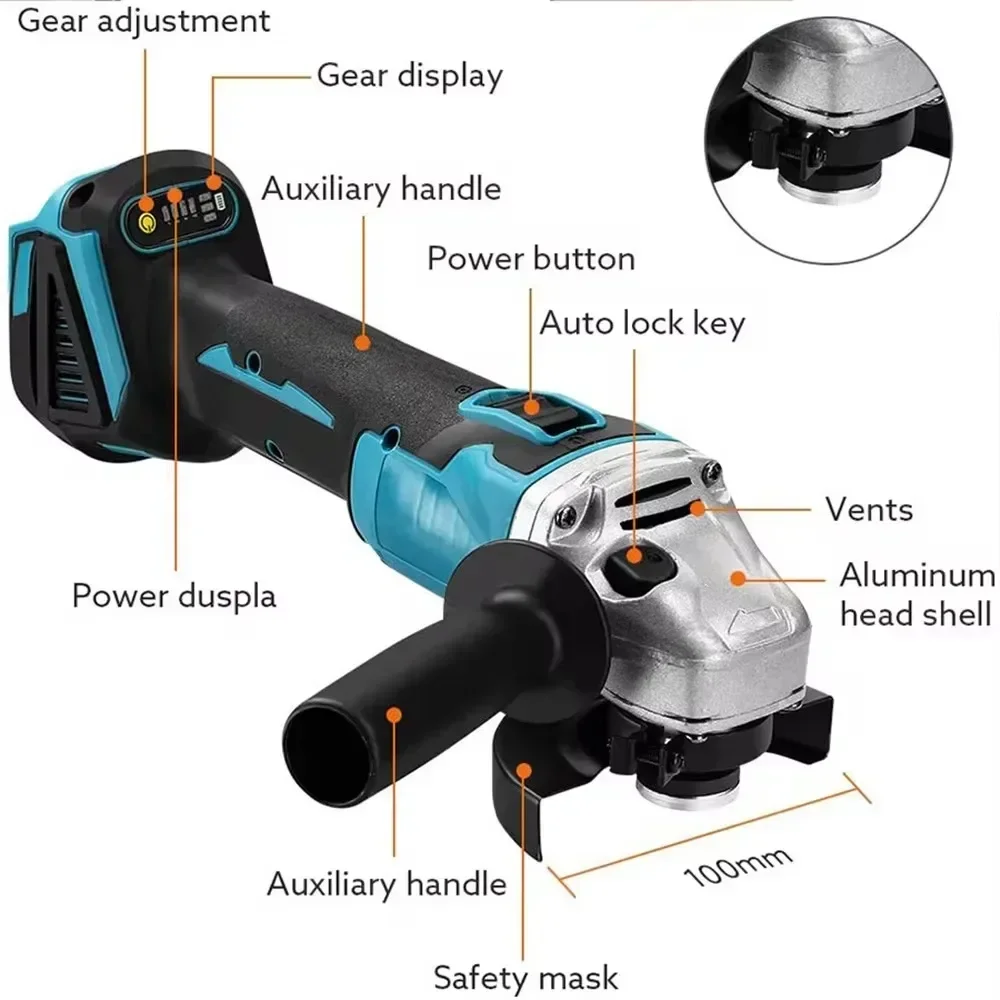 Imagem -02 - Moedor de Ângulo Elétrico sem Escova sem Fio Compatível Makita 18v Bateria Máquina Corte Ferramentas Elétricas 100 125 mm