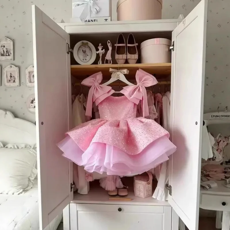 

Girls Pink Big Bow Puff Sleeve Dress Birthday Flower Girl Princess Dress Examination Puffy Gauze Performance Dress