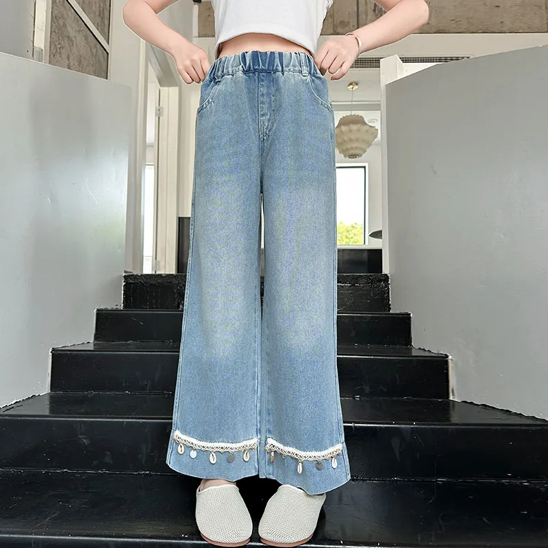New Autumn Kids Children Vintage Bohemian Jeans for Teenage Girl Casual Loose Straight Denim Pants Age 5 6 7 8 9 10 11 12 13 14Y