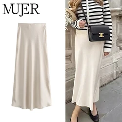 MUJER Satin Long Skirts for Women Draped High Waist Midi Skirt Woman Summer Straight Women's Skirt Holiday Beach Women Skirt