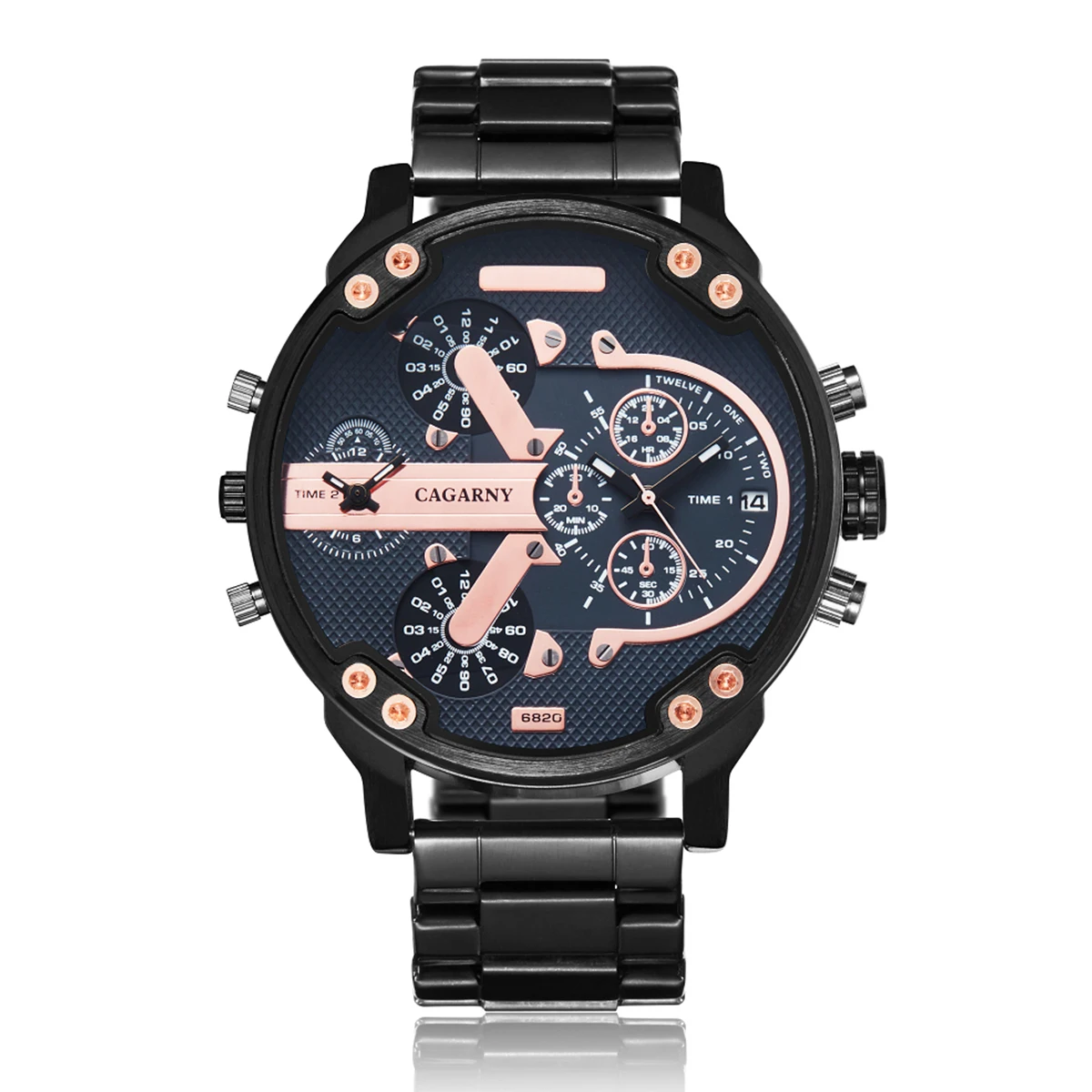 CAGARNY Brand 6820 Man\'s Large dial Casual Fashion Quartz Wrist watch Waterproof dual time zone Stainless Steel Watches for Men