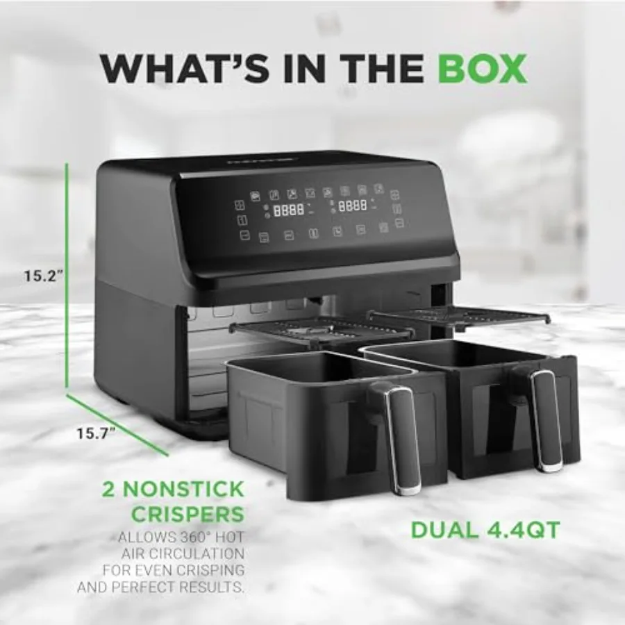 ダブルバスケットエアフライヤー 8.8クォート ファミリーサイズ オイルフリーエアフライヤー 透明窓付き 91種類のプリセット調理オプション 360°熱風循環