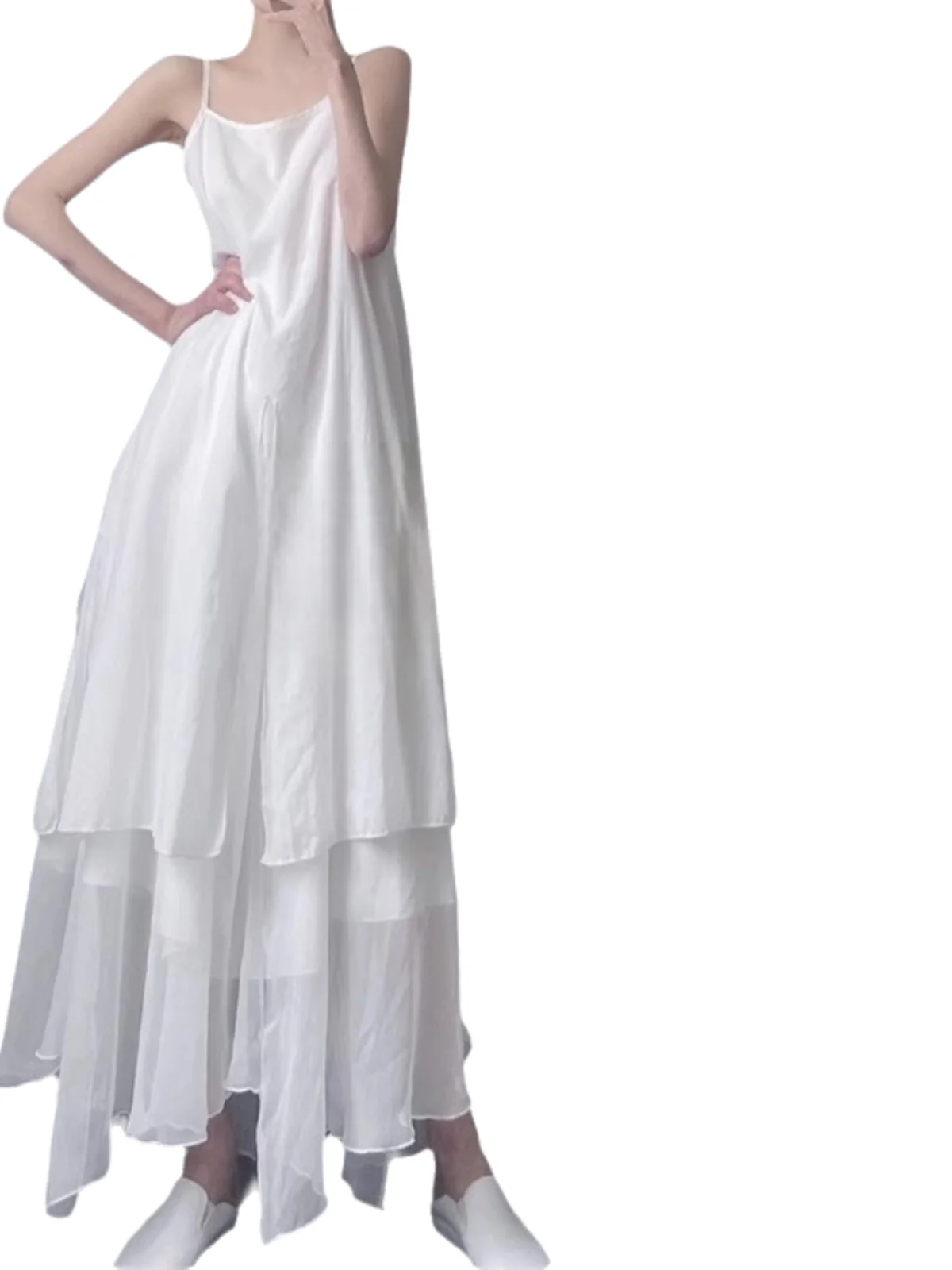 Vestido Longo de Verão F com Alças Ultra Longas em Tule de Três Camadas, Saia Solta em A, Estilo Vintage com Barra Ass...