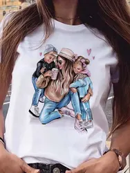 Cartoon Mom and Son Daughter Pattern Printed Women T-Shirt Summer Casual Harajuku Y2K Women Top Breathable Mom life Short Sleeve