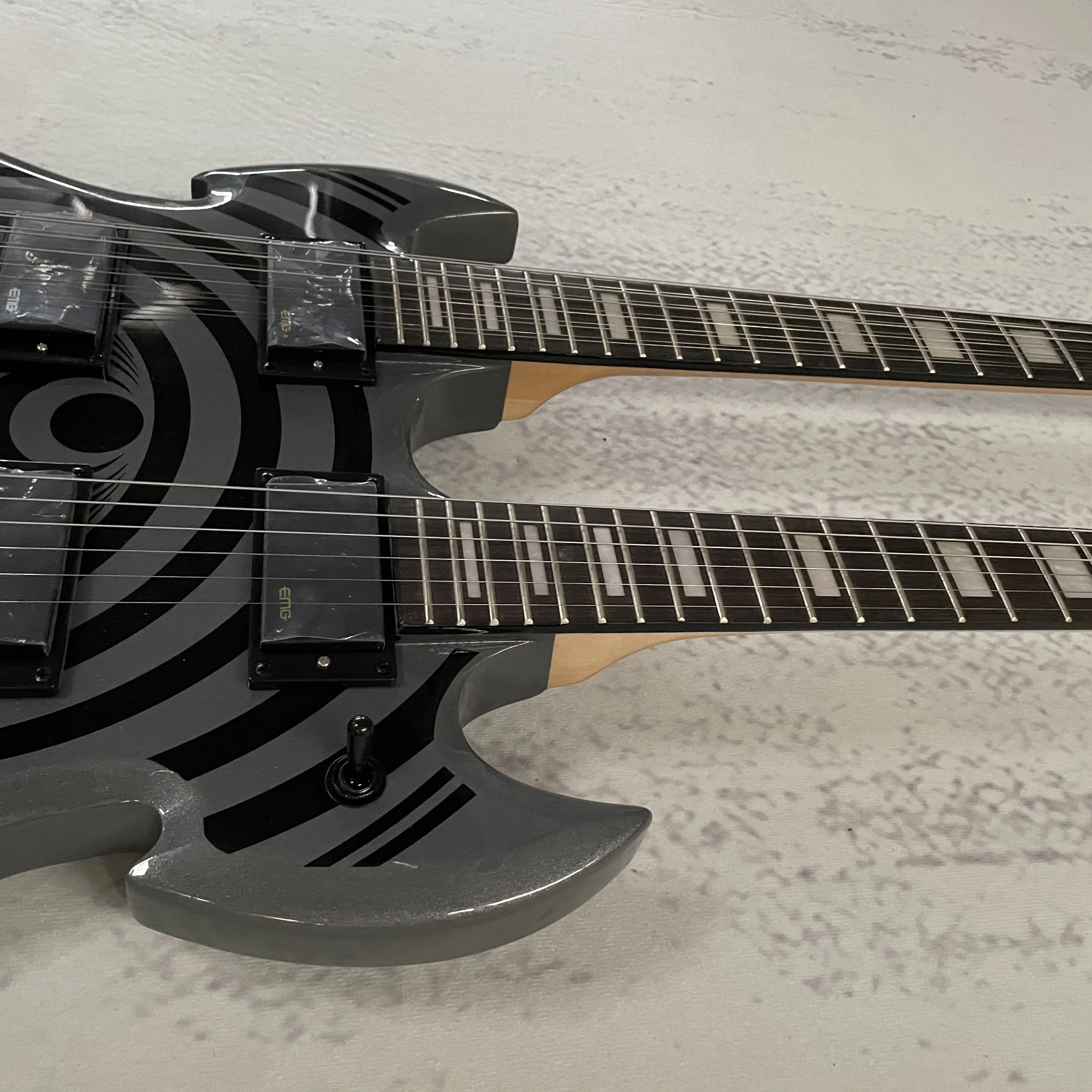 Double Neck Electric Guitar, 12 String + 6 String, Swirl Bullseye Graphic, Closed Humbuckers, Black Hardware