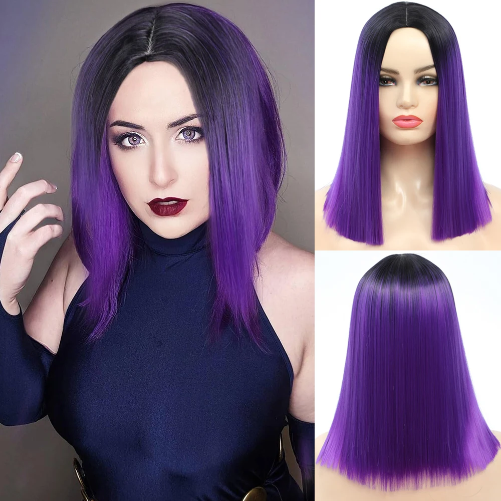 Ombre Wig Purple Short Straight Wigs Middle Part Shoulder Length Purple Dark Roots Natural Synthetic Wigs for Women Daily Party