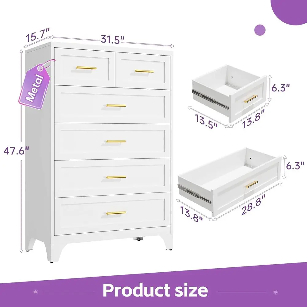 Cassettiera bianca contemporanea a 6 cassetti, 48 alte, portaoggetti verticale per camera da letto, spazi abitativi