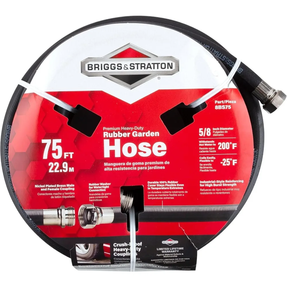 75-Foot Heavy-Duty Rubber Garden Hose with Brass Fittings, Flexible All-Weather Outdoor Water Hose