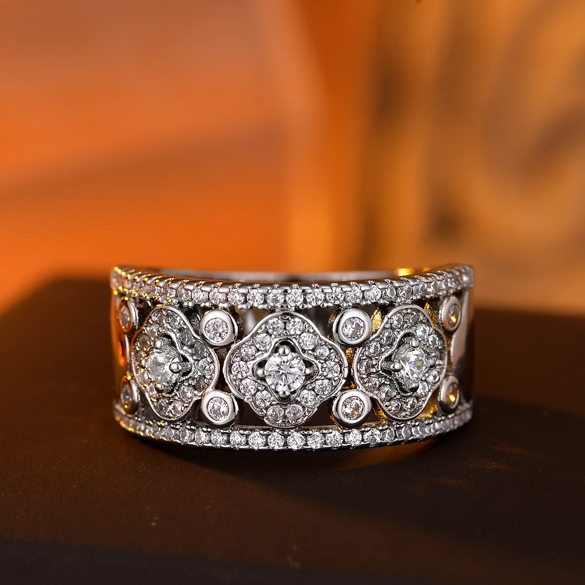 

925 sterling silver ladies ring hollow flower design inlaid 5A zirconia light luxury style for daily dating party
