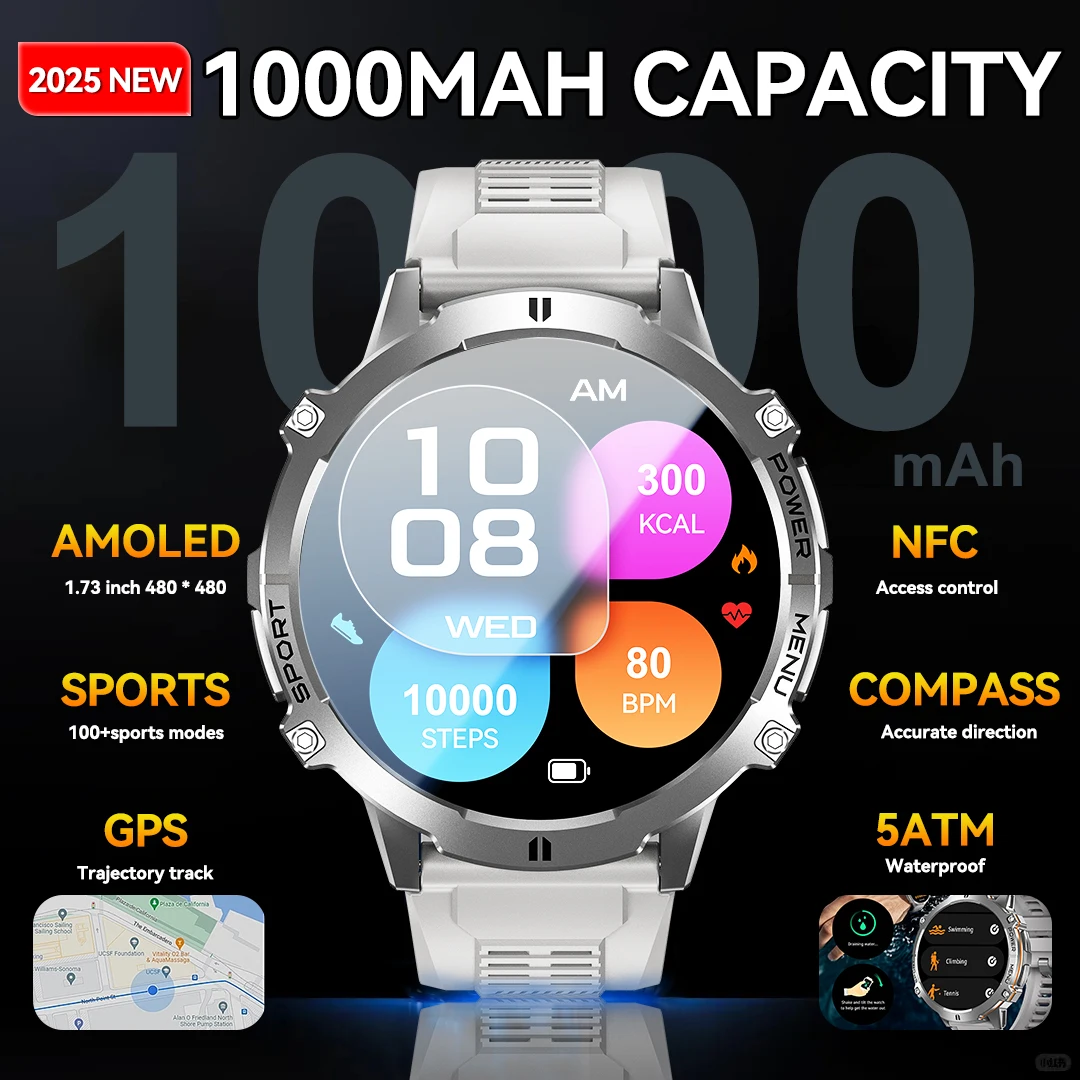 

2025 НОВЫЕ умные часы емкостью аккумулятора 1000 мАч, 1,73 дюйма, AMOLED HD-экран, GPS-компас, NFC BT, звонок, 5 атм, водонепроницаемые умные часы