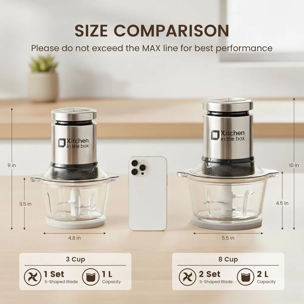 Electric Meat Grinder & Food Chopper with 400W Powerful Veggie Chopper-2 Bowls (8 Cup+8 Cup) & 2 Bi-Level Blades for Meat/Fish/V