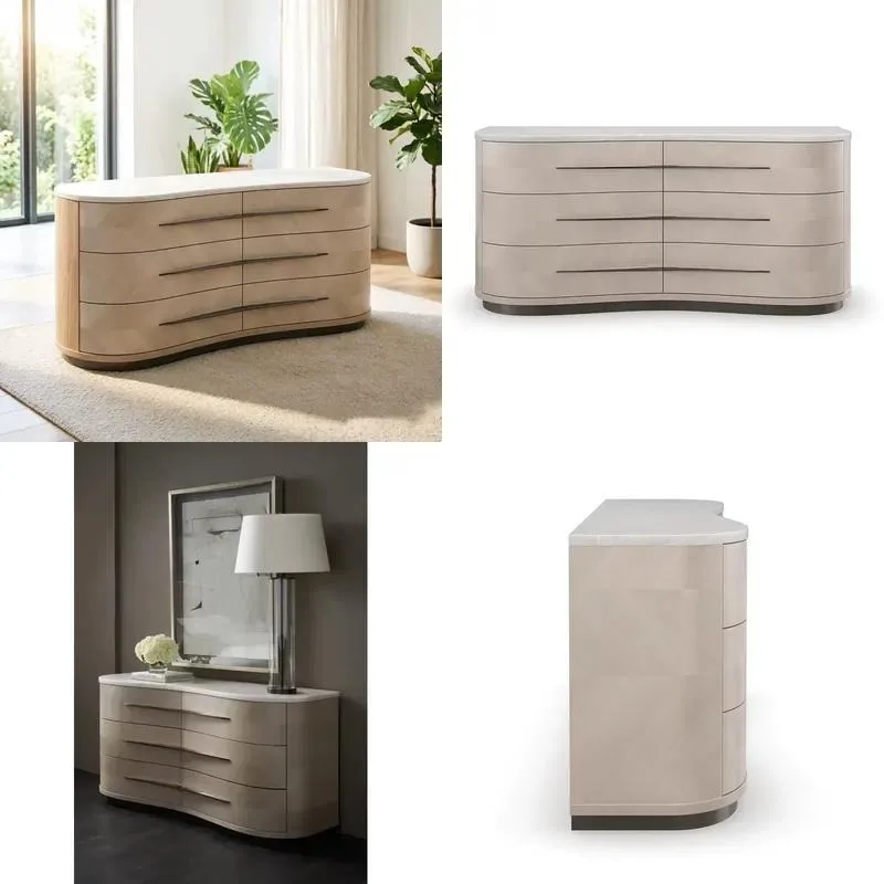 Modern luxury curved locker with marble countertops, 6-drawer dresser for bedrooms and living rooms
