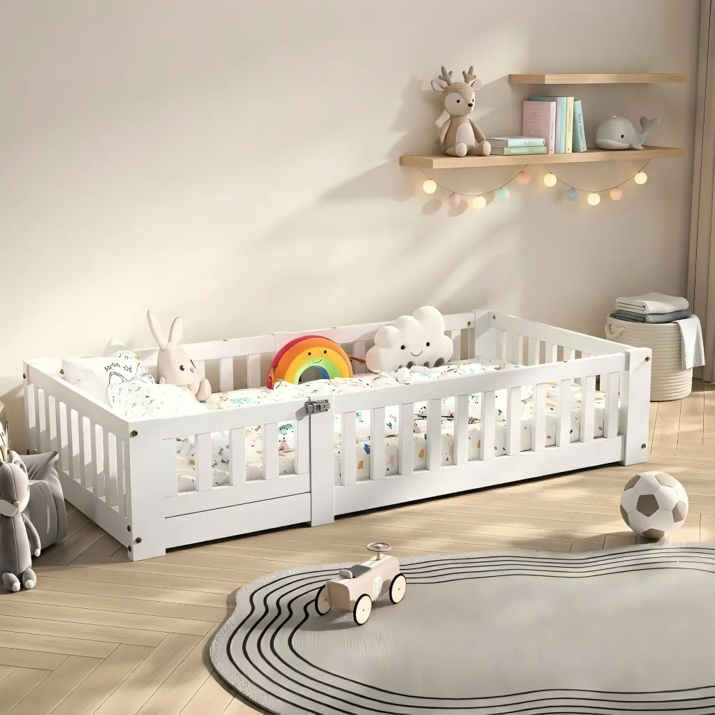 Cama Montessori de Chão, Cama Infantil para Crianças, Madeira de Pinho Sólido, com Grades de Segurança, Branca, 90x900cm/90x190cm, Cama para Crianças