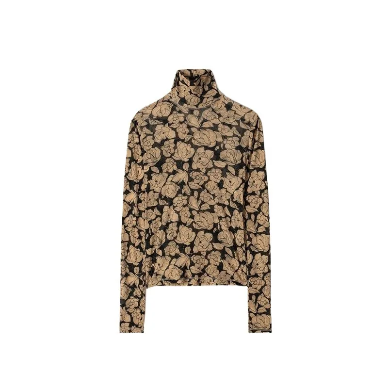 Dave&Di Fashion Printing Shirt Women Turtleneck Tshirts Long  T-shirts Ladies Sleeve For 2024